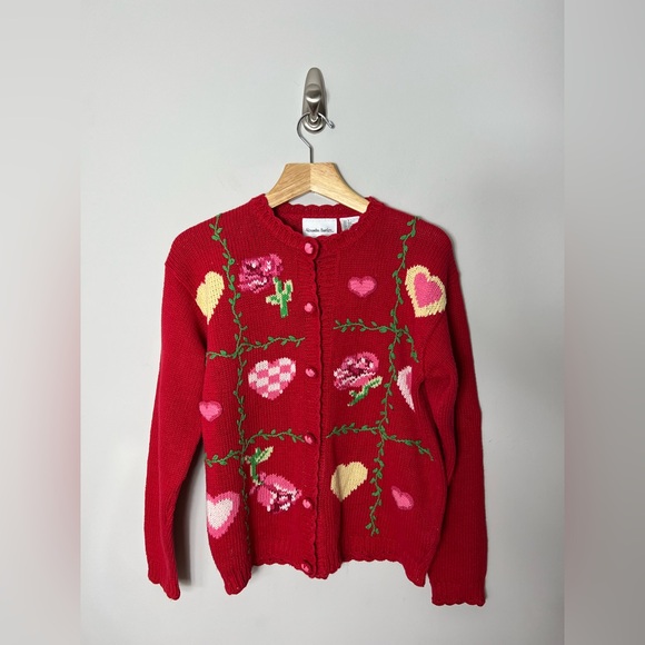 Vintage Alexandra Bartlett Red Cardigan Sweater Floral Hearts SIZE SMALL *L - Picture 1 of 10